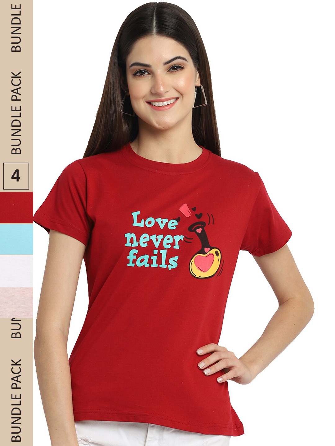 

Fabflee Pack Of 4 Printed Cotton T-shirts, Maroon