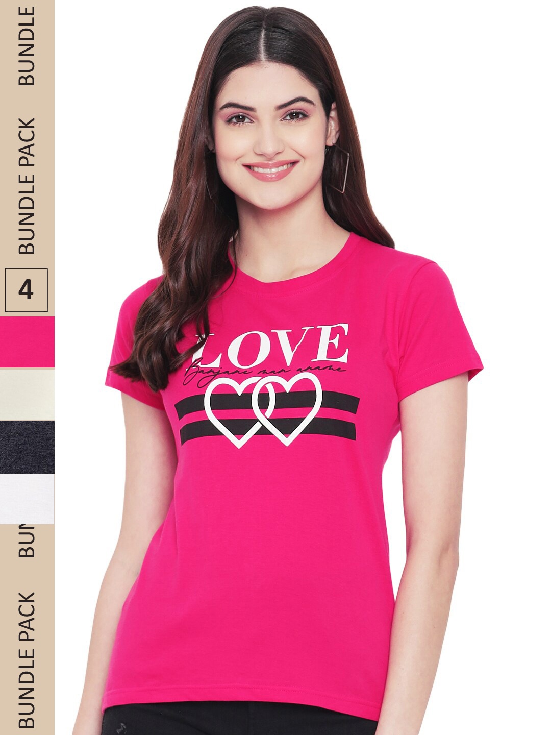 

Fabflee Pack Of 4 Printed Cotton T-shirts, Pink