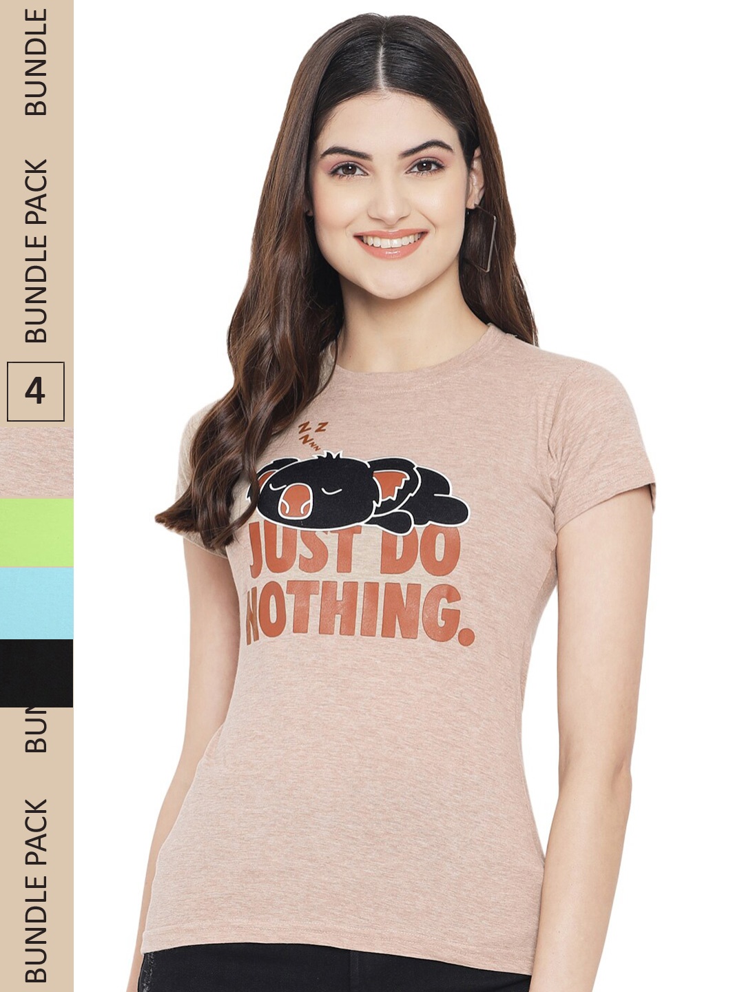 

Fabflee Pack Of 4 Printed Cotton T-shirts, Peach