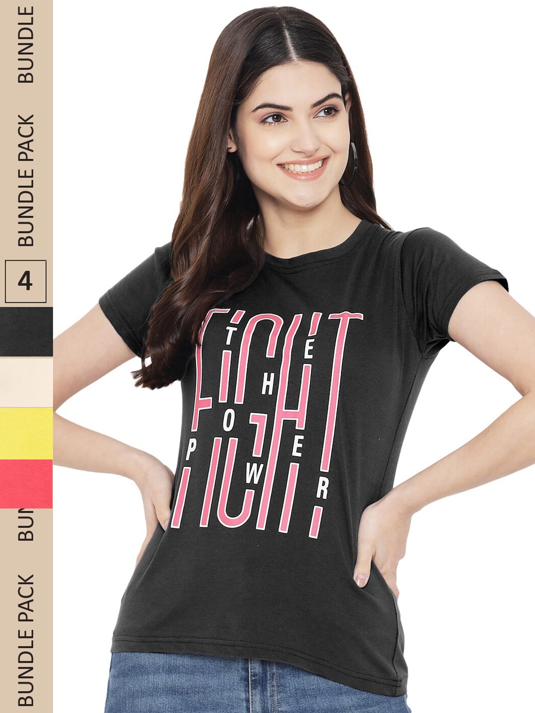 

Fabflee Pack Of 4 Typography Printed Cotton T-shirt, Black
