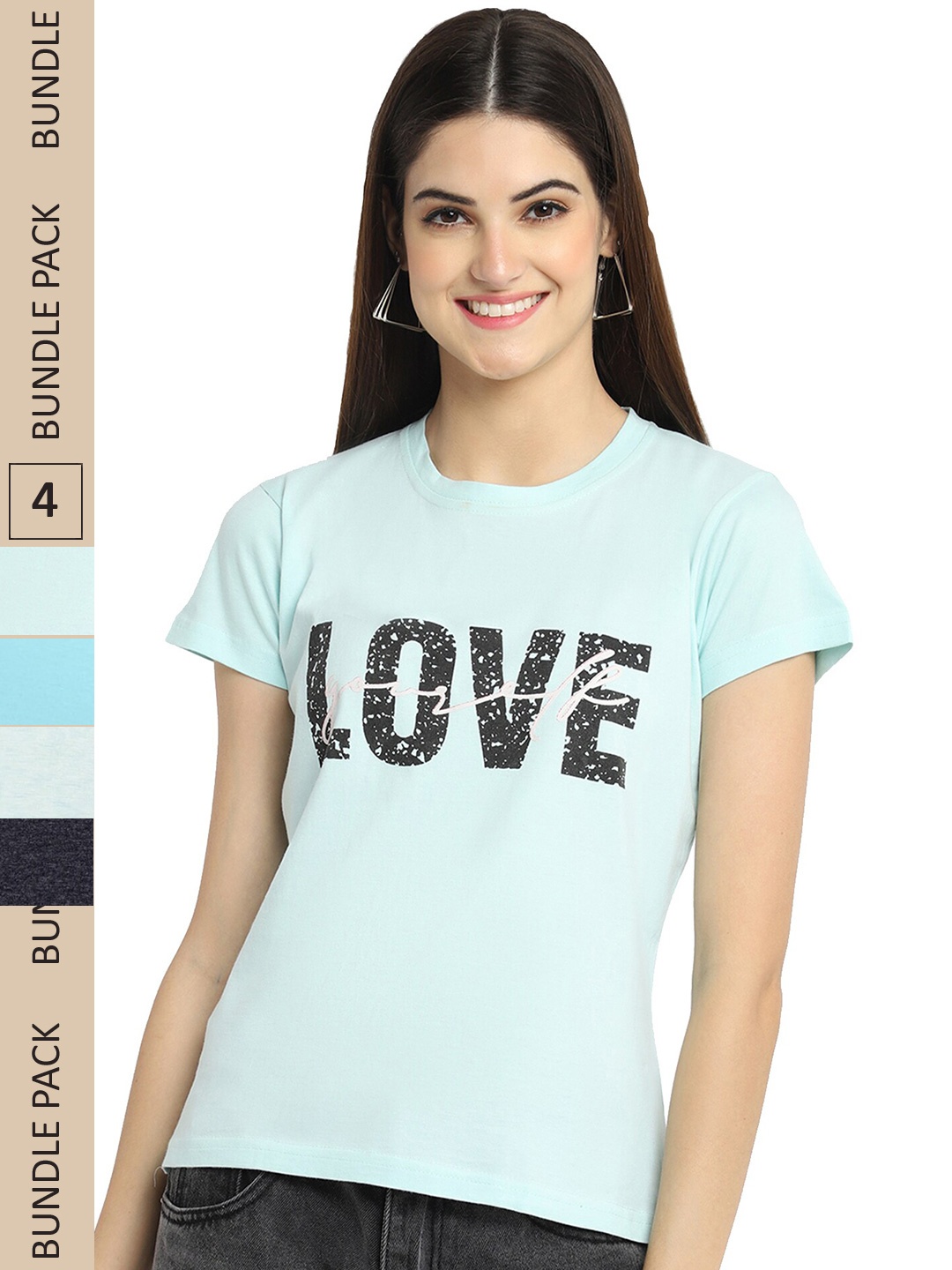 

Fabflee Pack Of 4 Typography Printed Regular Fit Cotton T-shirt, Sea green