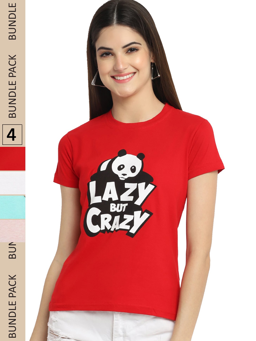 

Fabflee Pack Of 4 Typography Printed Cotton T-Shirt, Red