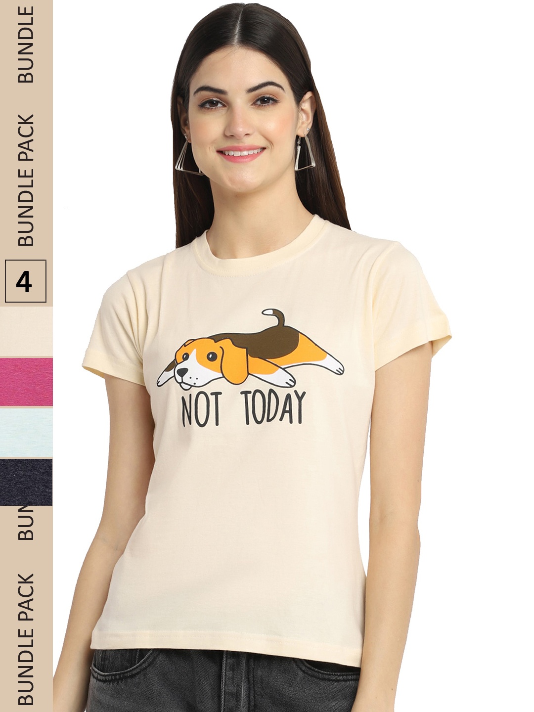 

Fabflee Pack of 4 Graphic Printed Cotton T-shirt, Cream
