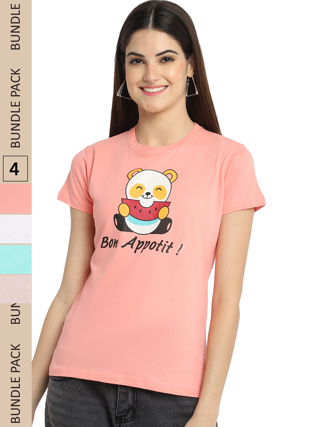 

Fabflee Pack Of 4 Printed Cotton T-Shirts, Peach
