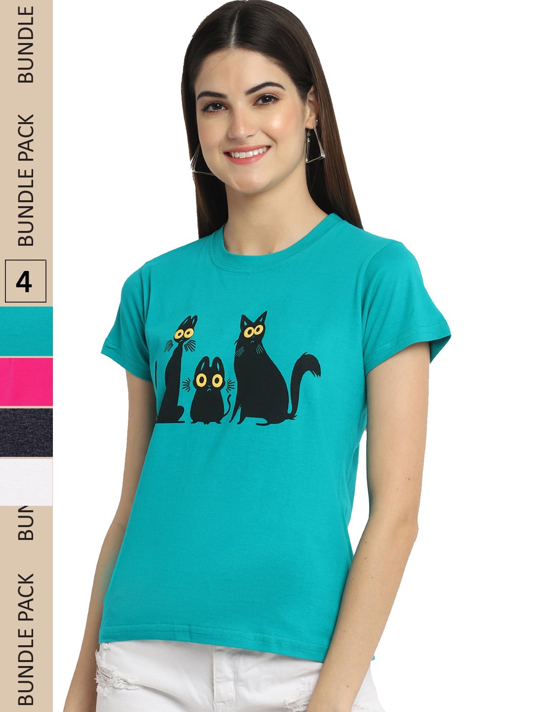 

Fabflee Pack Of 4 Printed Cotton T-shirts, Turquoise blue