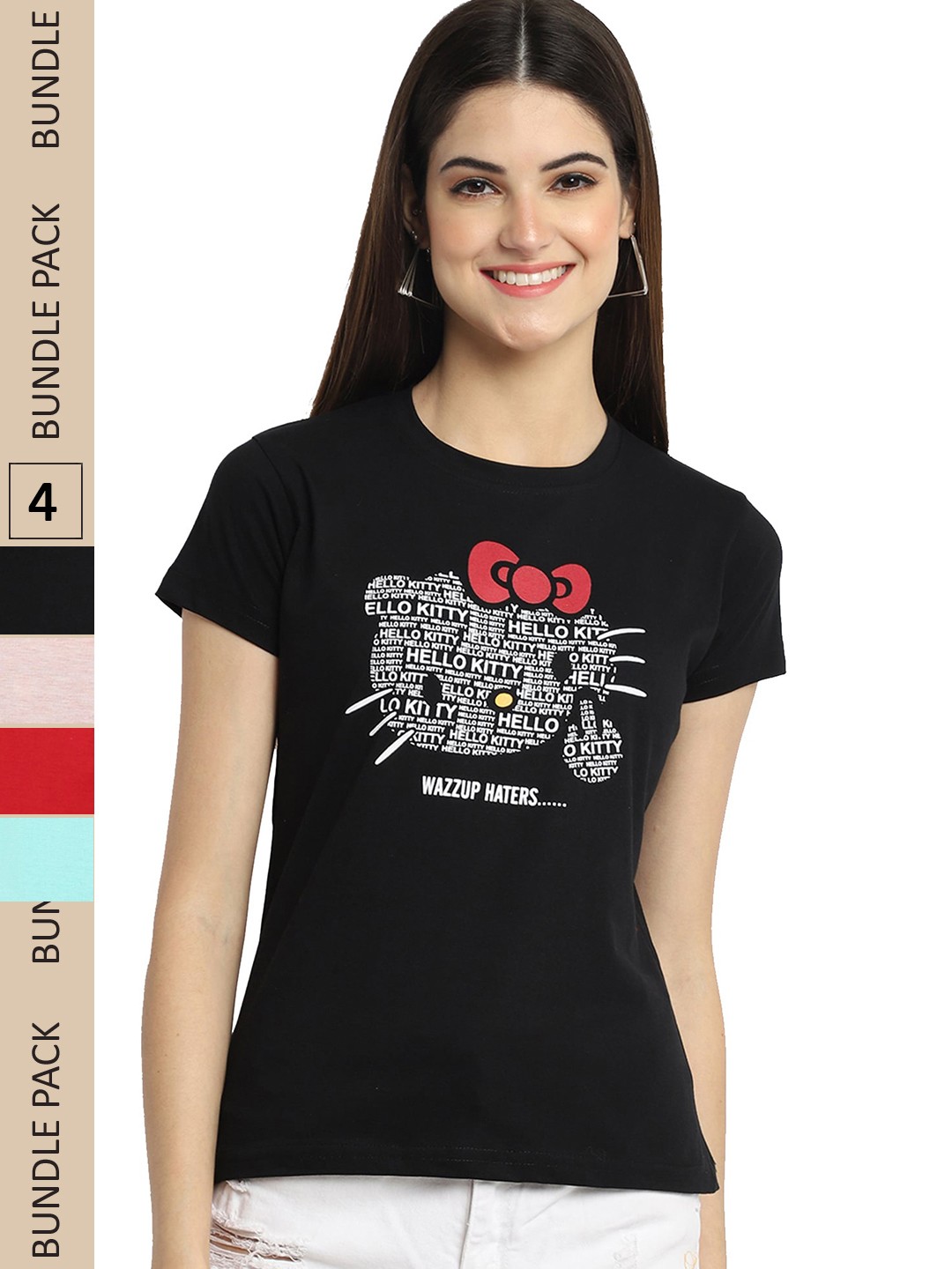 

Fabflee Pack Of 4 Typography Printed Cotton T-shirt, Black