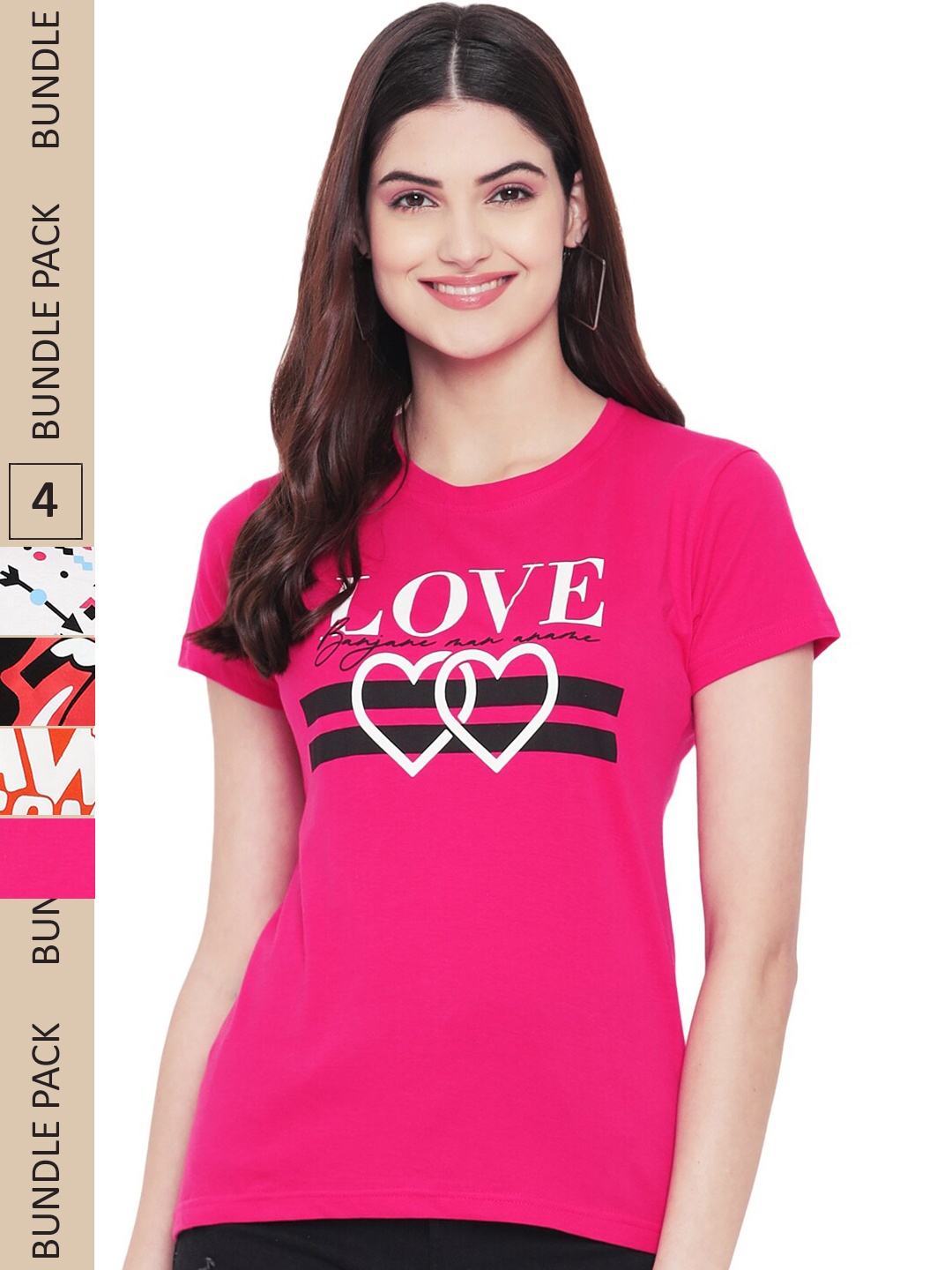 

Fabflee Pack Of 4 Printed Cotton T-shirt, Pink