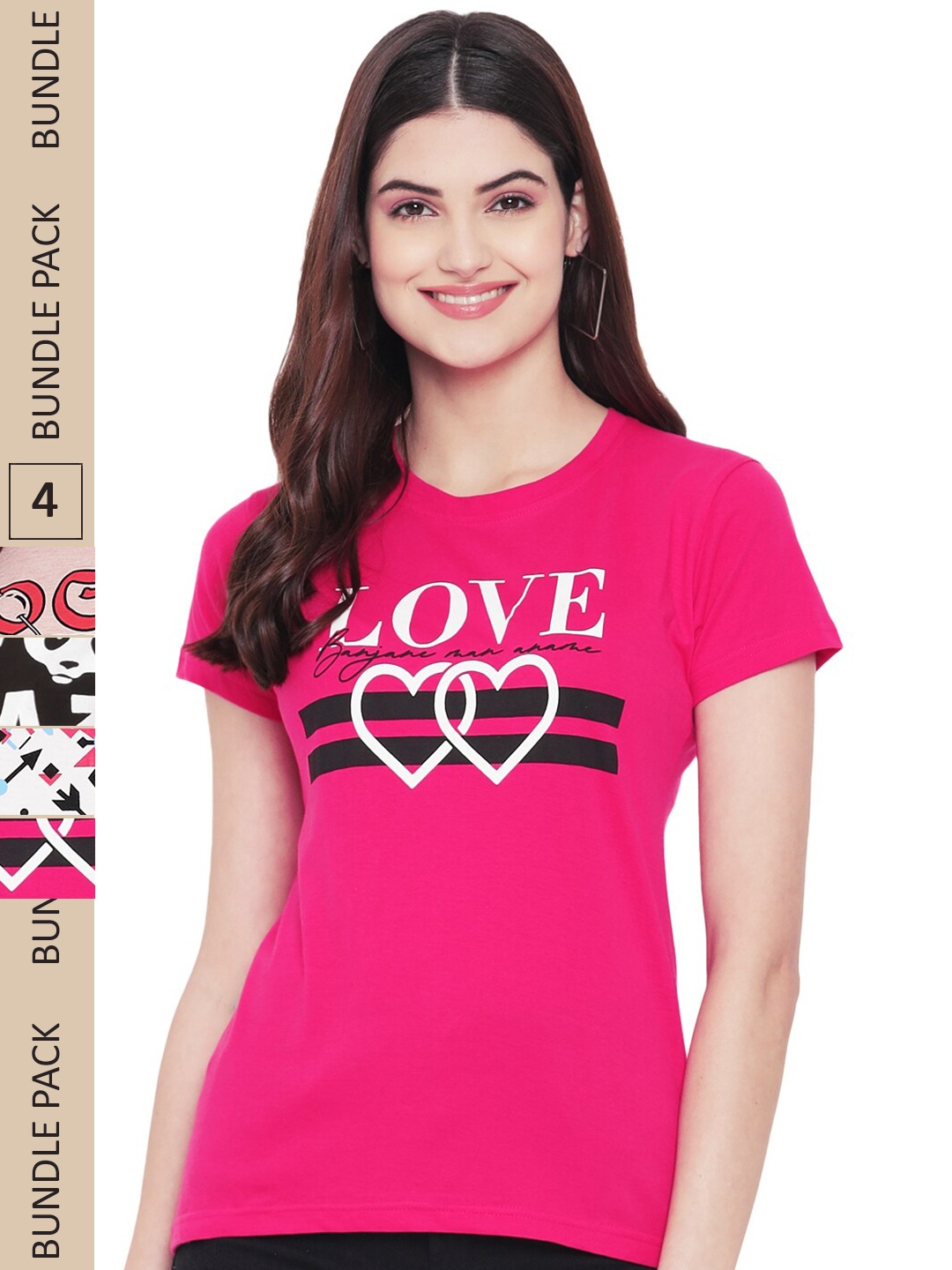 

Fabflee Pack of 4 Typography Printed Cotton T-shirt, Pink