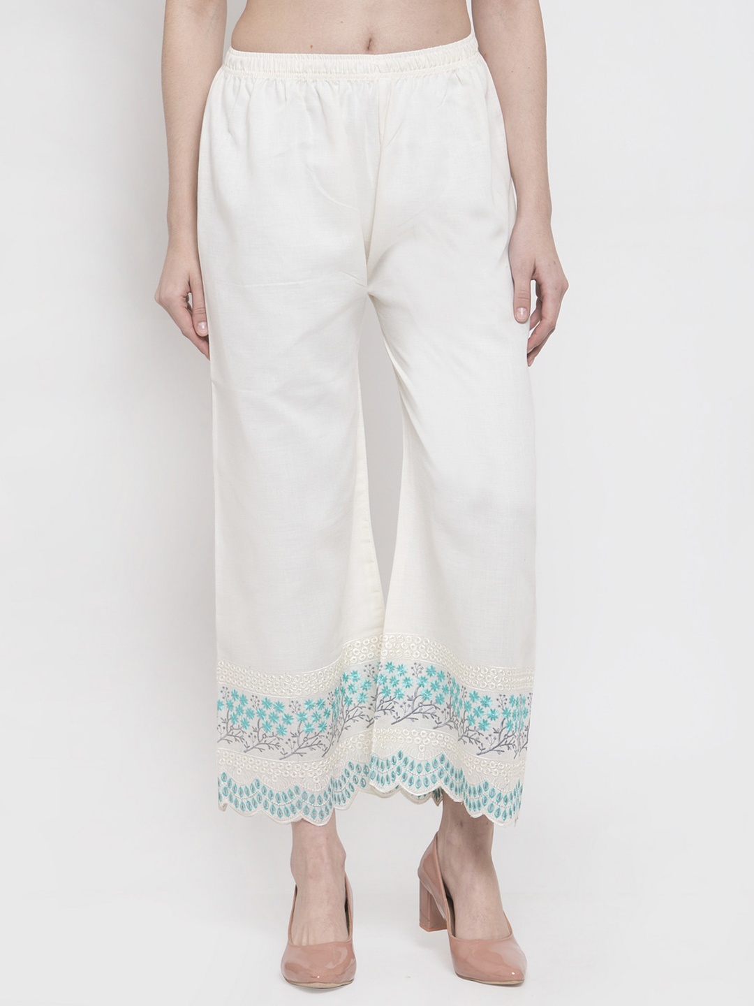

Miaz Lifestyle Women Floral Hem Design Chambray Palazzos, Off white