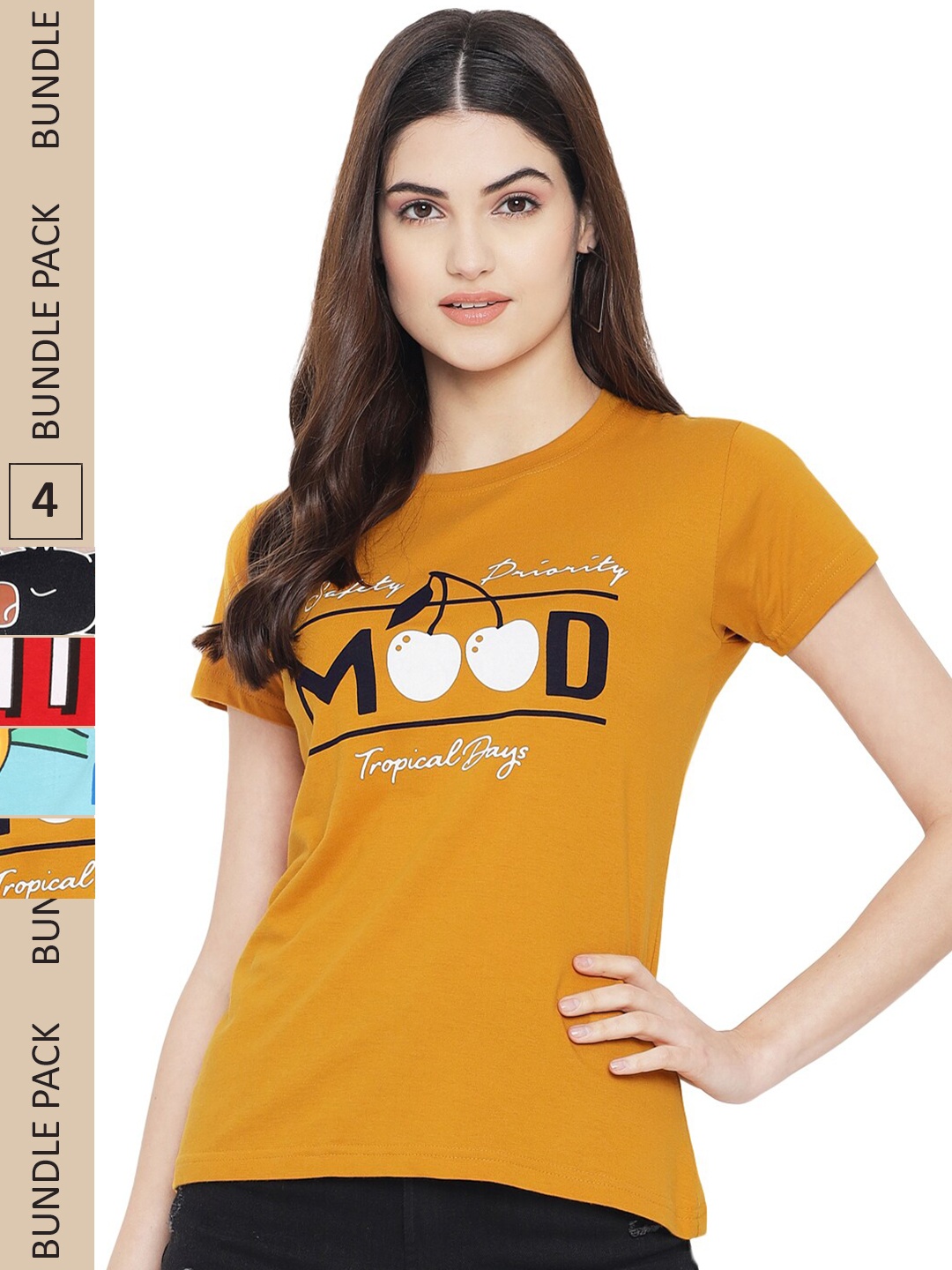 

Fabflee Pack of 4 Typography Printed Round Neck Cotton T-shirt, Mustard