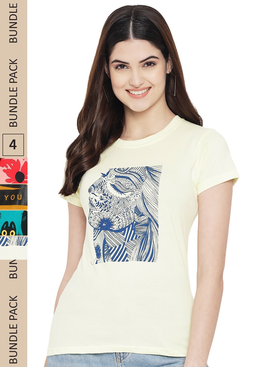 

Fabflee Pack Of 4 Printed Cotton T-shirts, Yellow