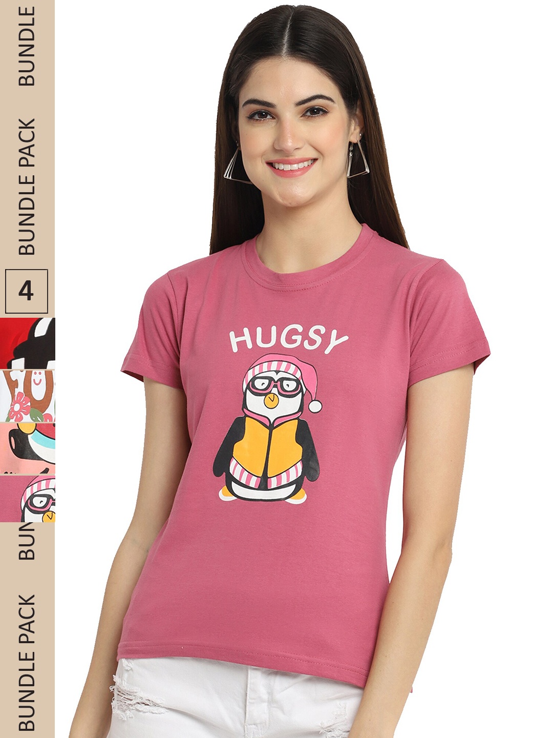 

Fabflee Pack Of 4 Graphic Printed Cotton T-shirts, Mauve