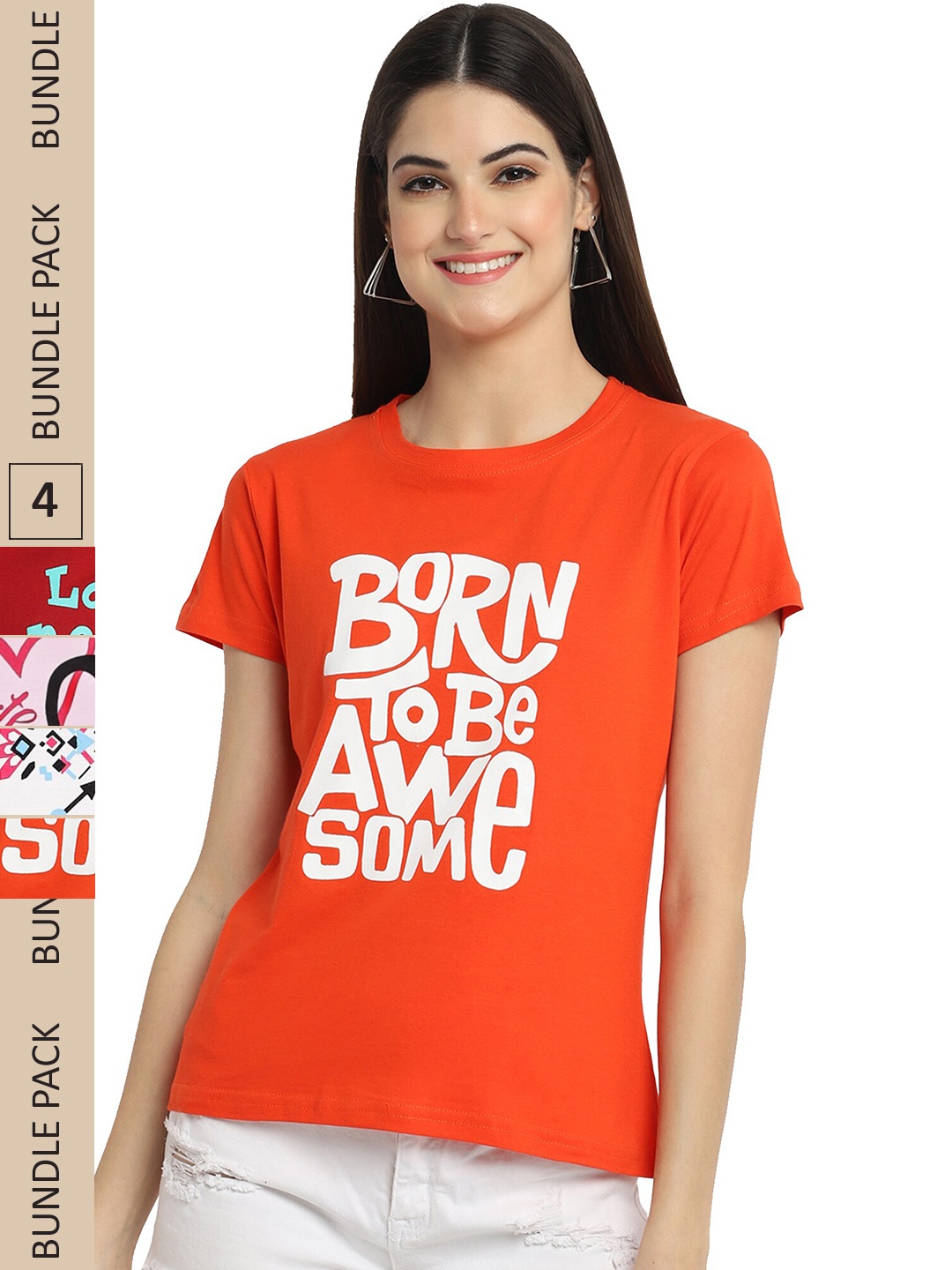 

Fabflee Pack of 4 Graphic Printed Round Neck Cotton T-shirt, Orange