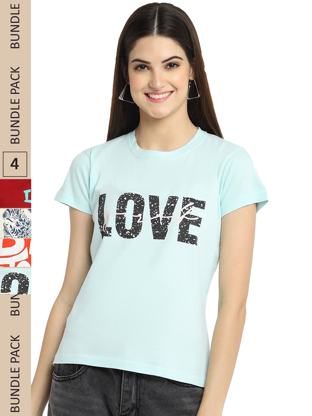 

Fabflee Pack Of 4 Typography Printed Cotton T-Shirt, Blue