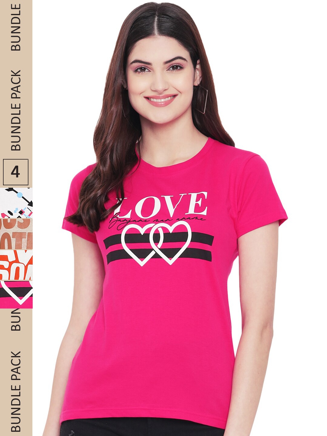 

Fabflee Pack Of 4 Graphic Printed Cotton T-shirts, Pink