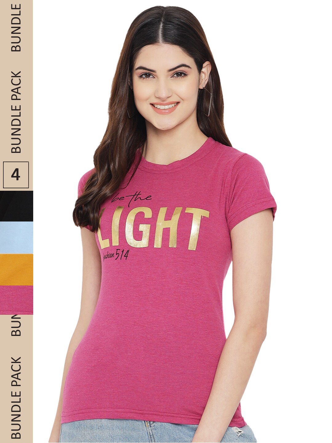 

Fabflee Pack Of 4 Typography Printed Cotton T-shirts, Pink