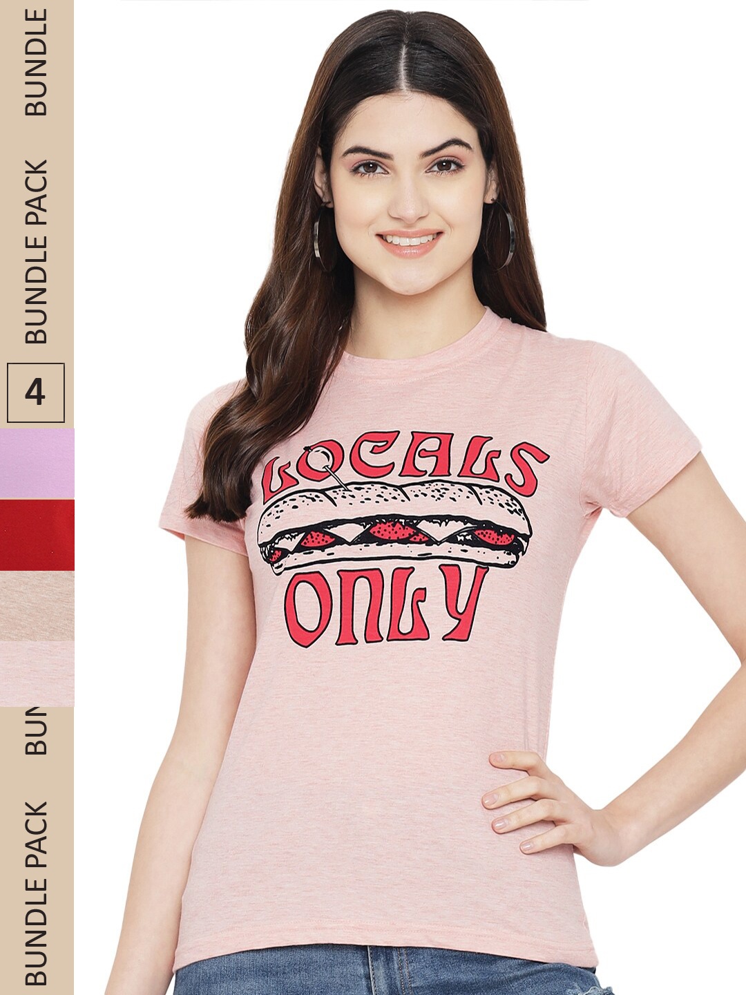 

Fabflee Pack Of 4 Printed Cotton T-shirts, Peach