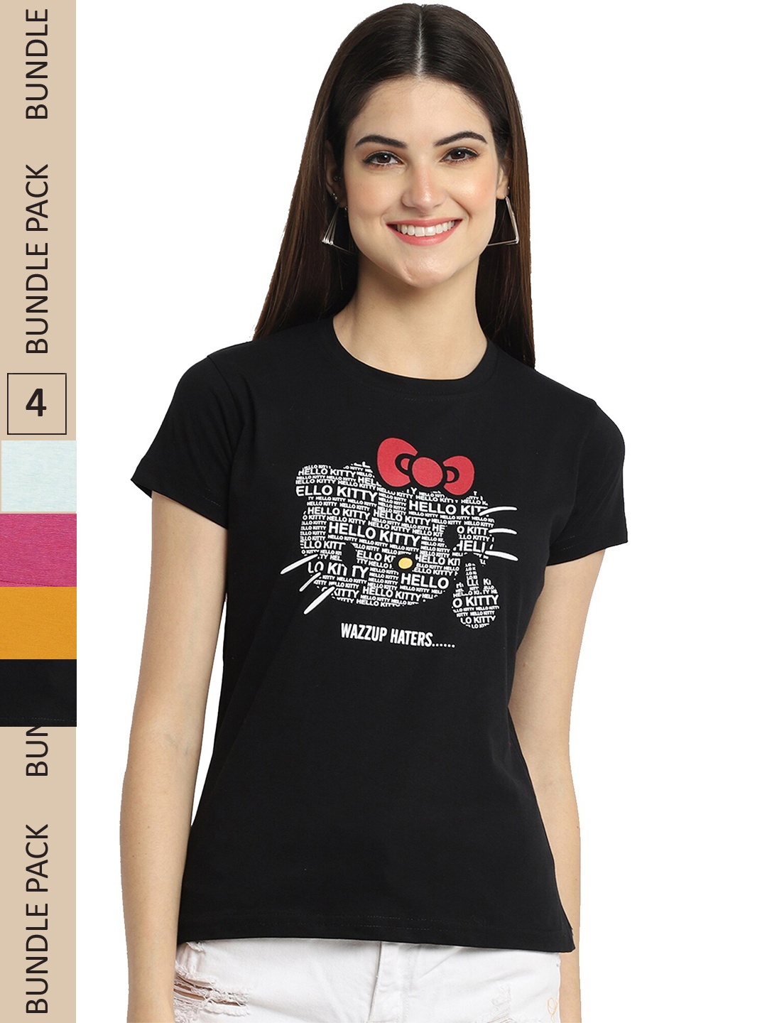 

Fabflee Pack of 4 Typography Printed Cotton T-shirt, Black