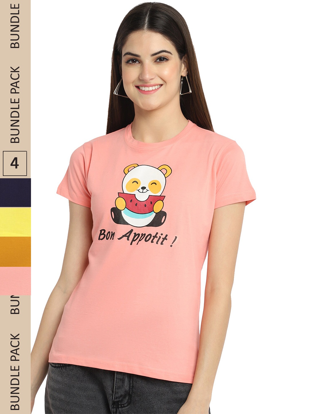 

Fabflee Pack Of 4 Typography Printed Cotton T-shirts, Peach