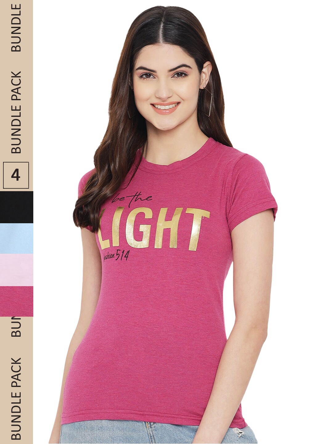 

Fabflee Pack Of 4 Printed Cotton T-shirt, Mauve