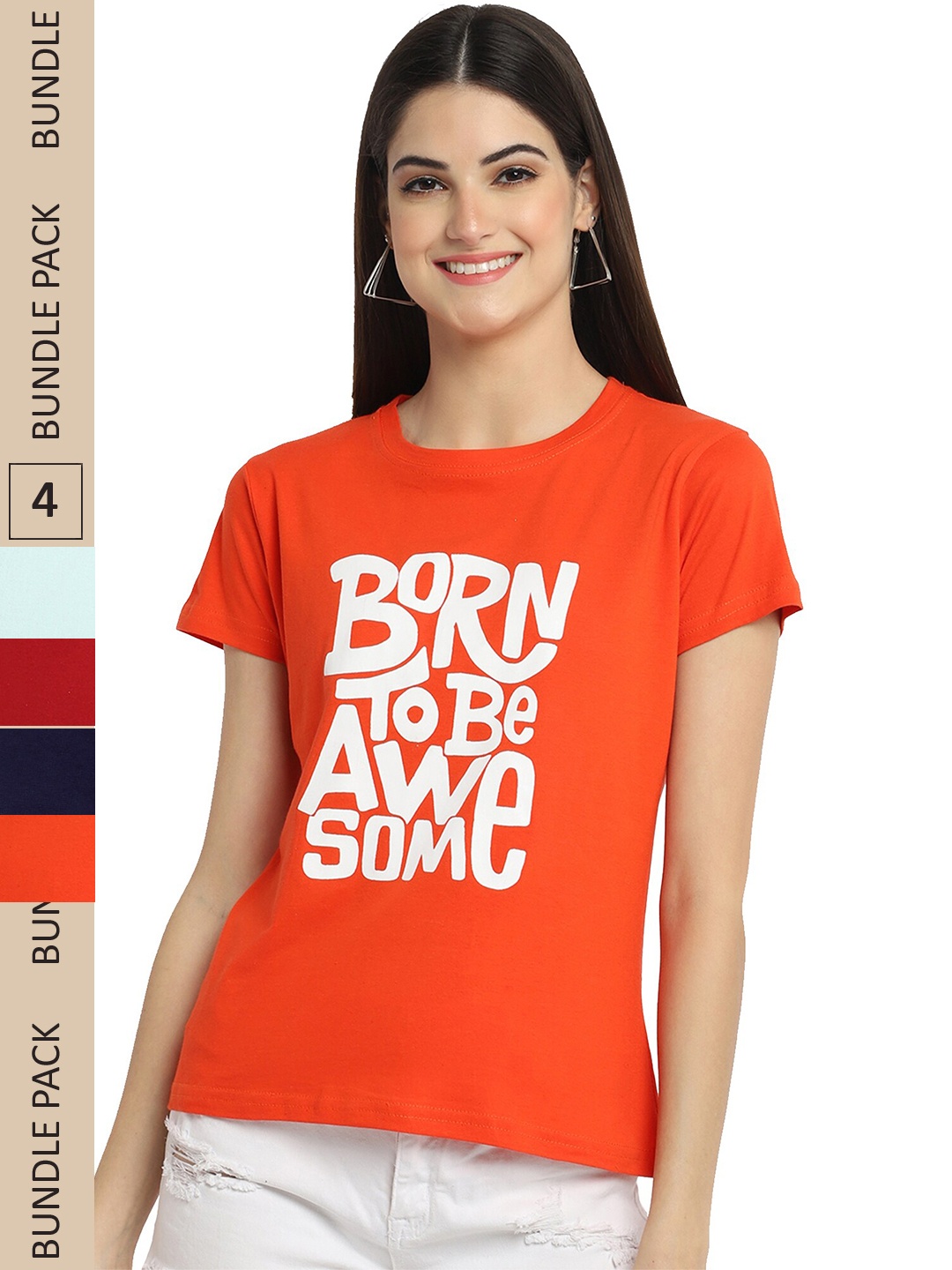 

Fabflee Pack Of 4 Typography Printed Cotton T-Shirt, Orange