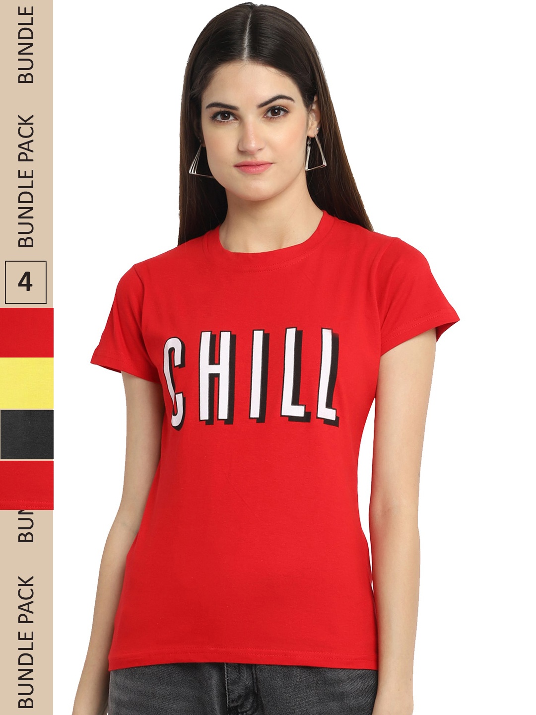 

Fabflee Pack Of 4 Typography Printed Cotton T-shirt, Red