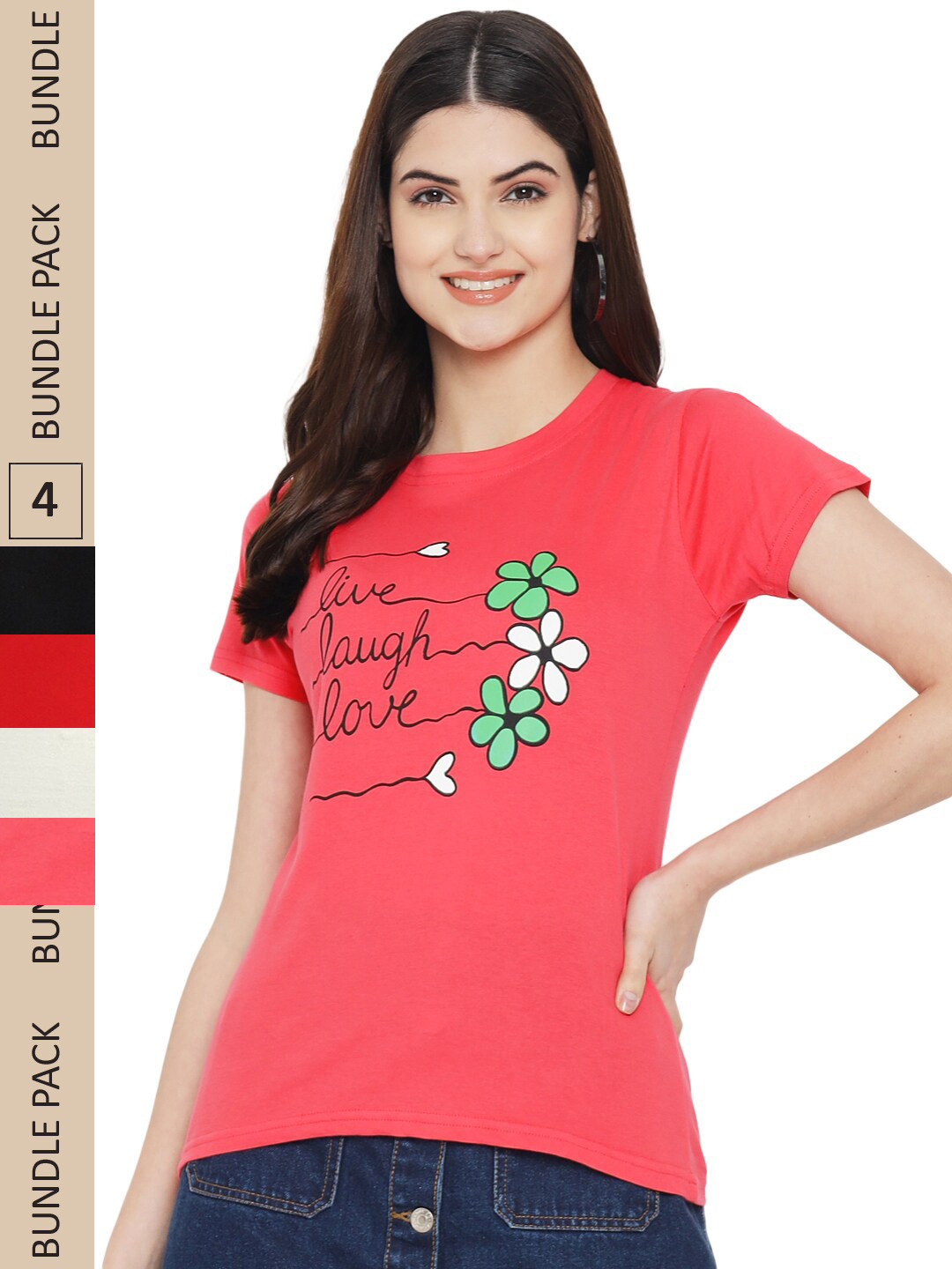 

Fabflee Pack Of 4 Typography Printed Round Neck Comfortable Cotton T-shirts, Red