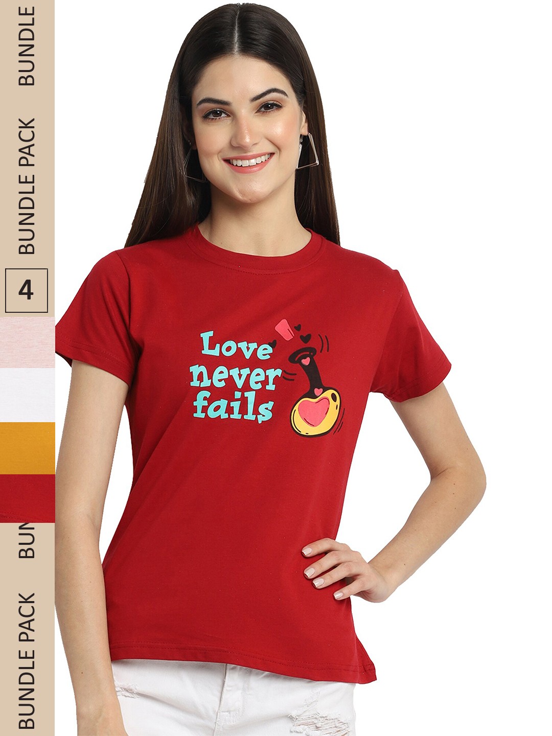 

Fabflee Pack Of 4 Typography Printed Cotton T-shirt, Red