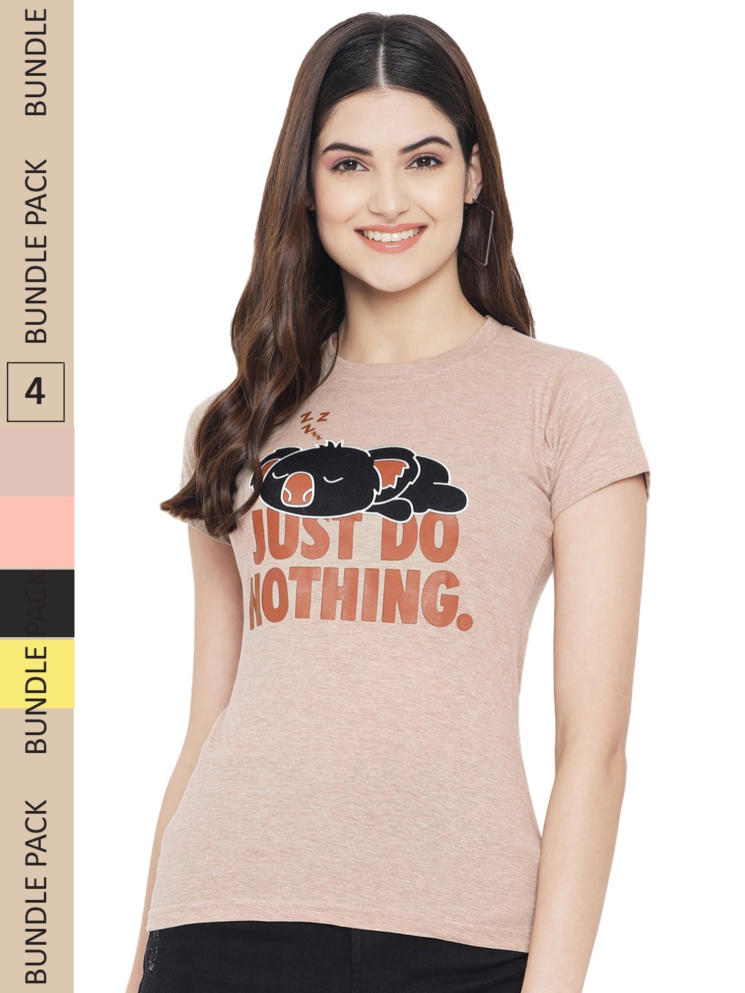 

Fabflee Pack of 4 Graphic Printed Round Neck Cotton T-shirt, Beige
