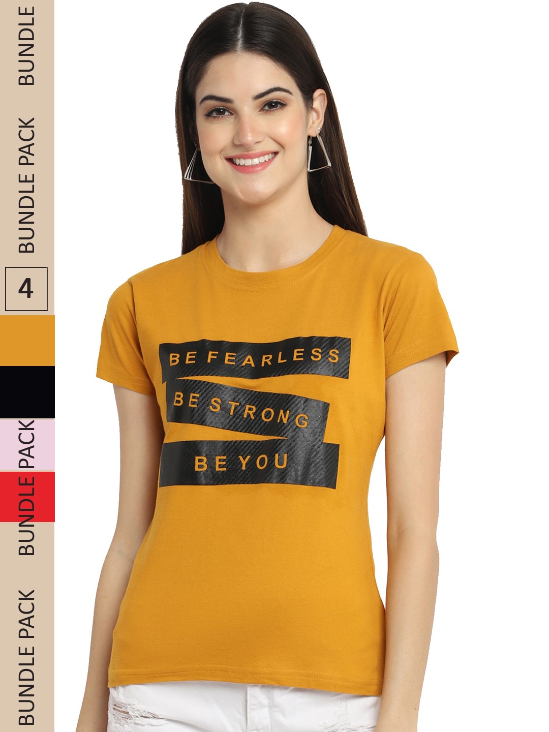 

Fabflee Pack of 4 Typography Printed Cotton T-shirt, Mustard