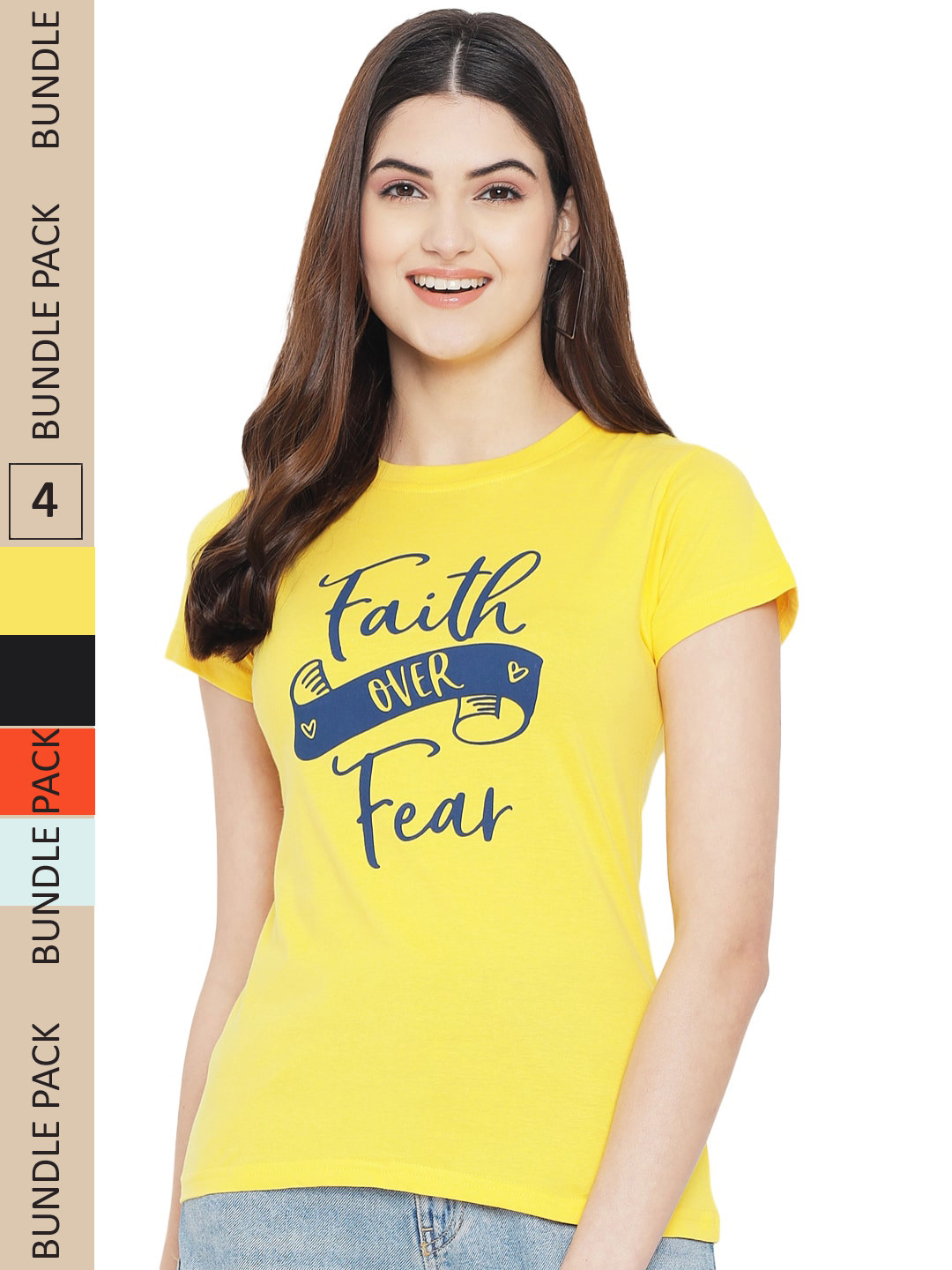 

Fabflee Pack Of 4 Typography Printed Cotton T-shirt, Yellow