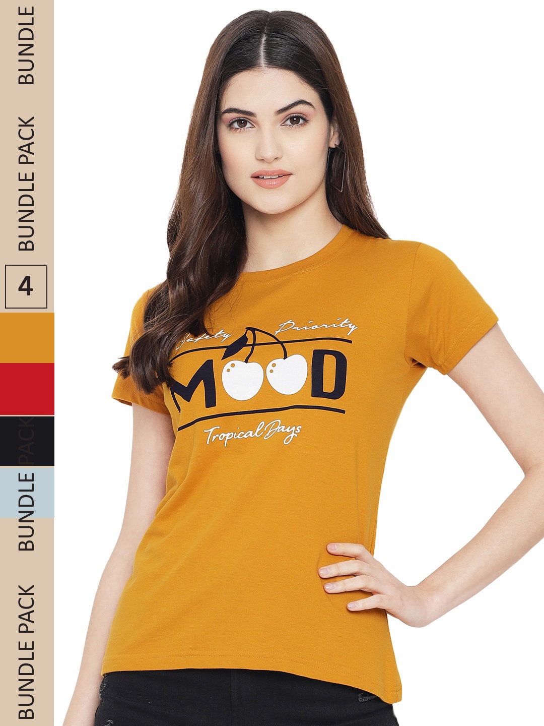 

Fabflee Pack Of 4 Graphic Printed Cotton T-shirts, Mustard