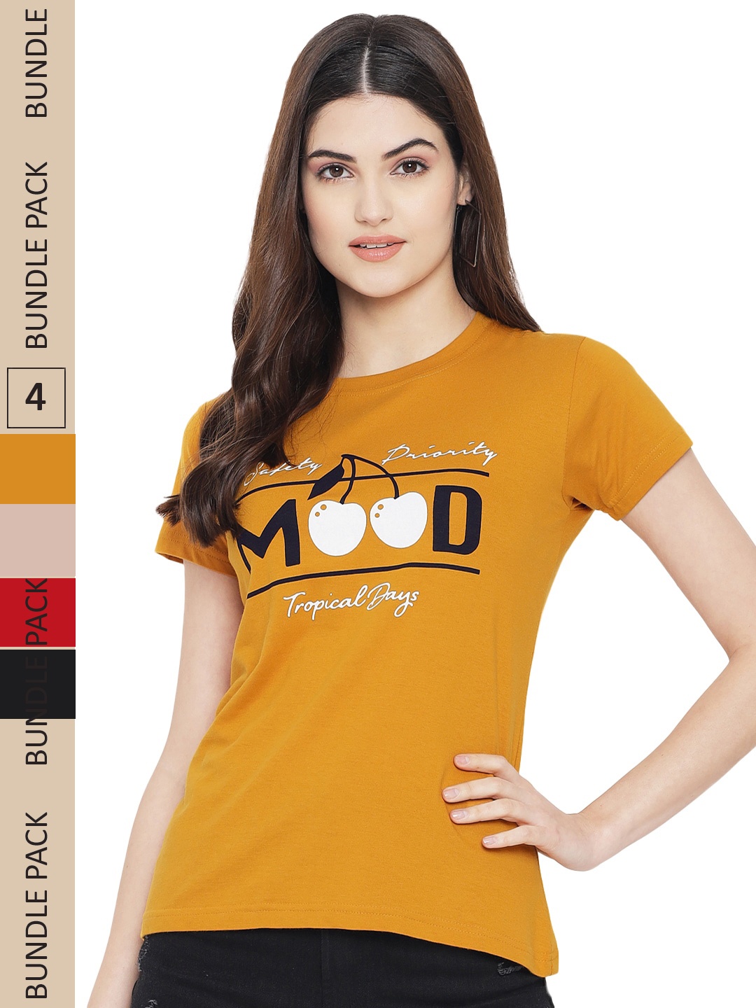 

Fabflee Pack Of 4 Graphic Printed Cotton T-shirts, Mustard