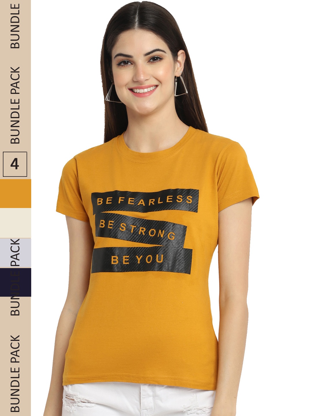 

Fabflee Pack Of 4 Typography Printed Cotton T-Shirts, Mustard