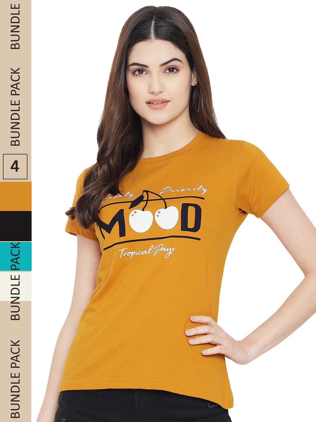 

Fabflee Pack Of 4 Typography Printed Cotton T-Shirt, Mustard