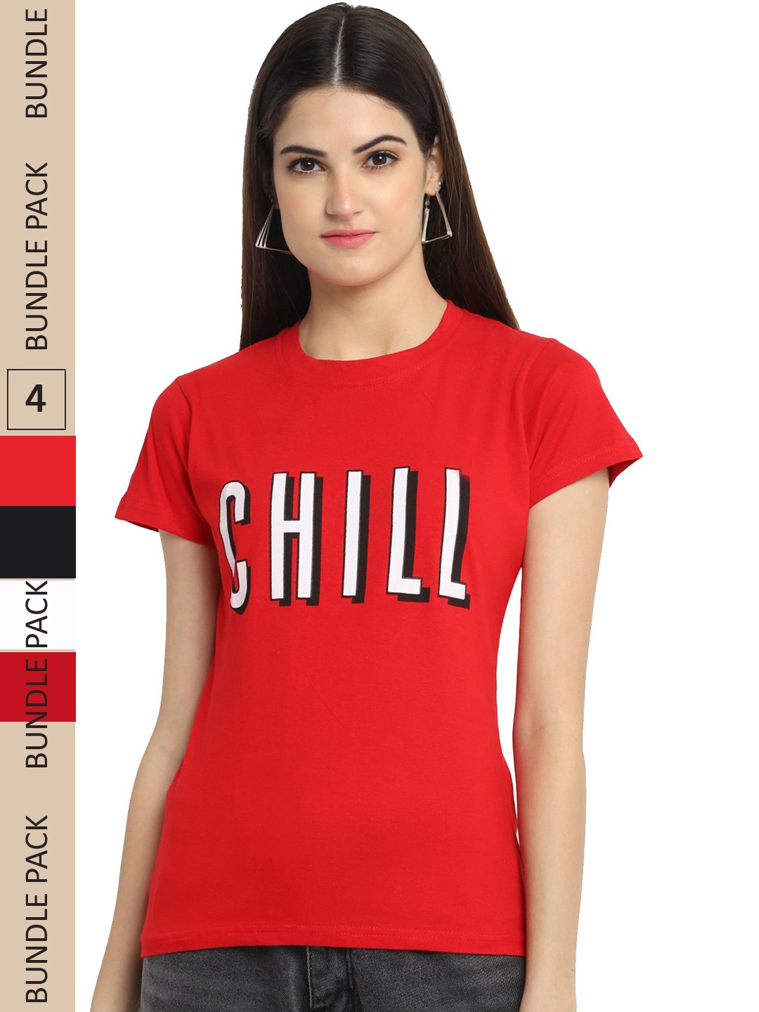 

Fabflee Pack Of 4 Typography Printed Cotton T-Shirt, Red