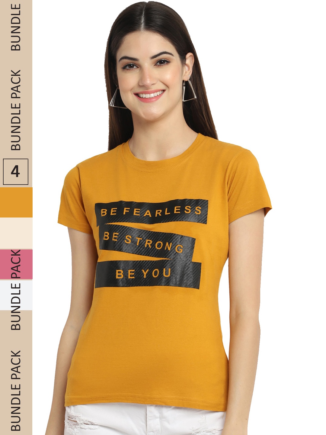 

Fabflee Pack Of 4 Typography Printed Cotton T-shirts, Mustard