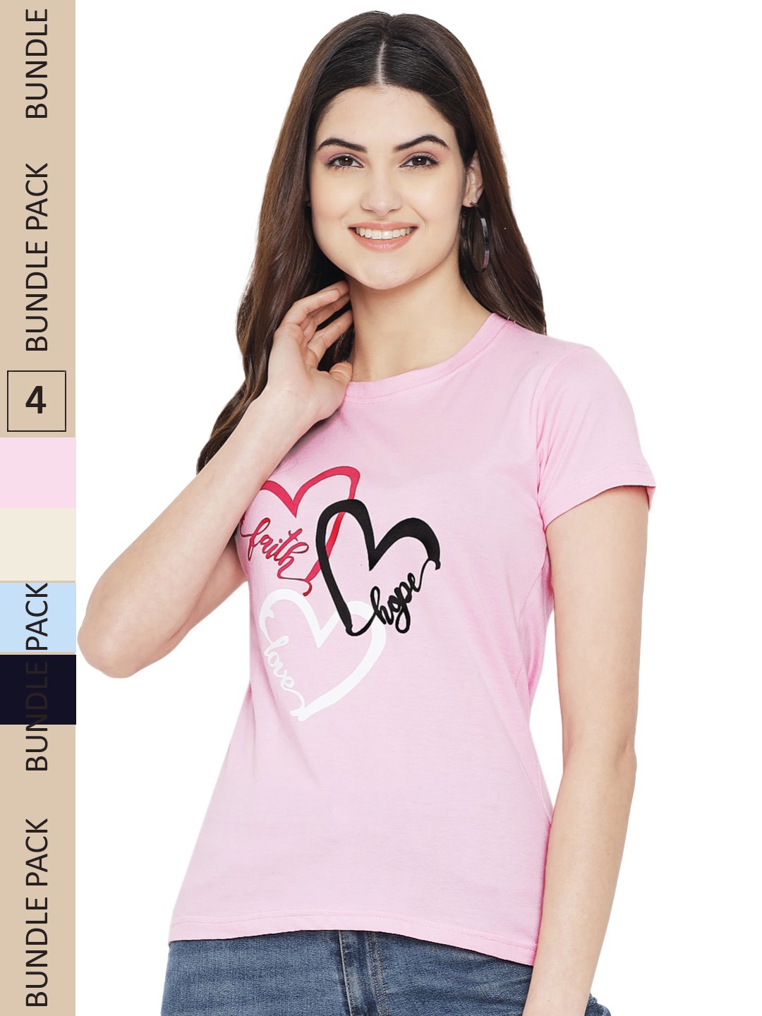 

Fabflee Pack of 4 Typography Printed Round Neck Cotton T-shirt, Pink