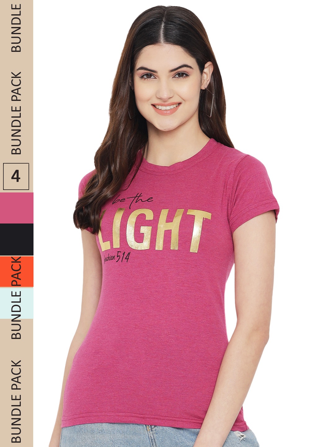 

Fabflee Pack Of 4 Typography Printed Cotton T-shirts, Pink