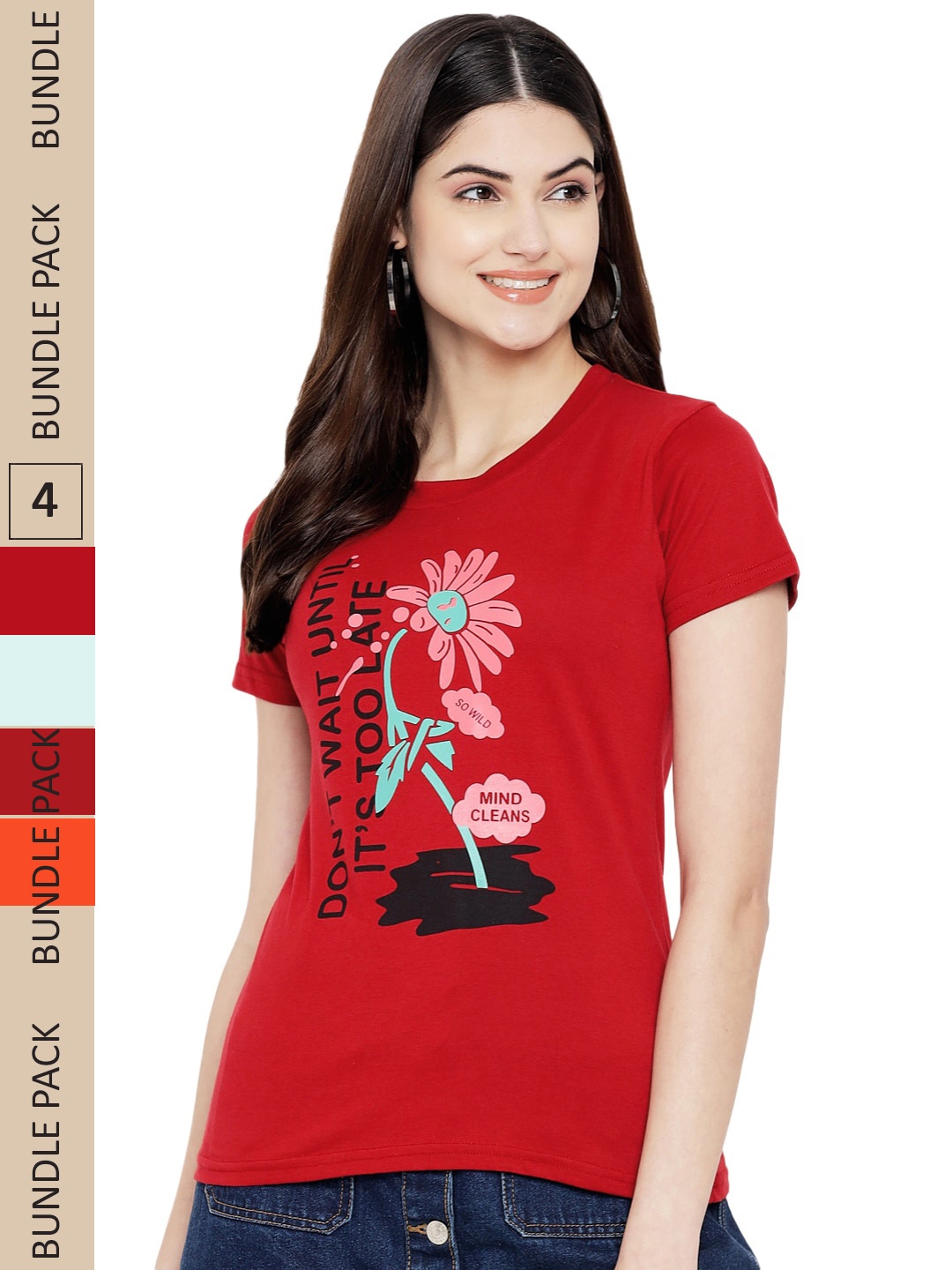 

Fabflee Pack Of 4 Printed Cotton T-shirts, Red