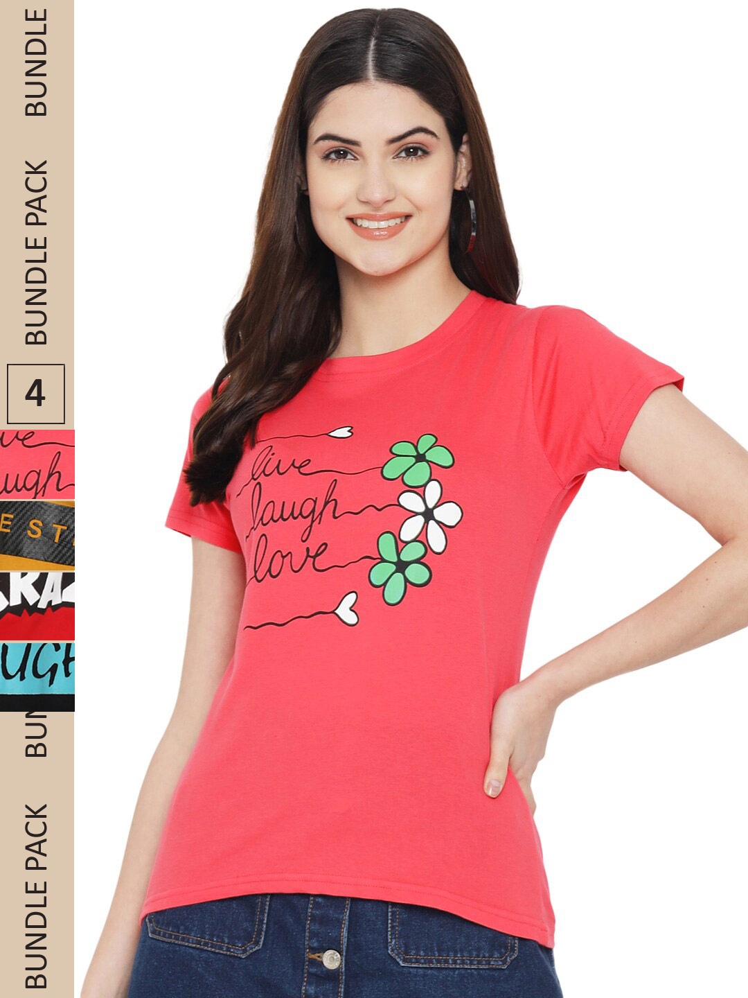 

Fabflee Pack Of 4 Printed Cotton T-shirts, Red