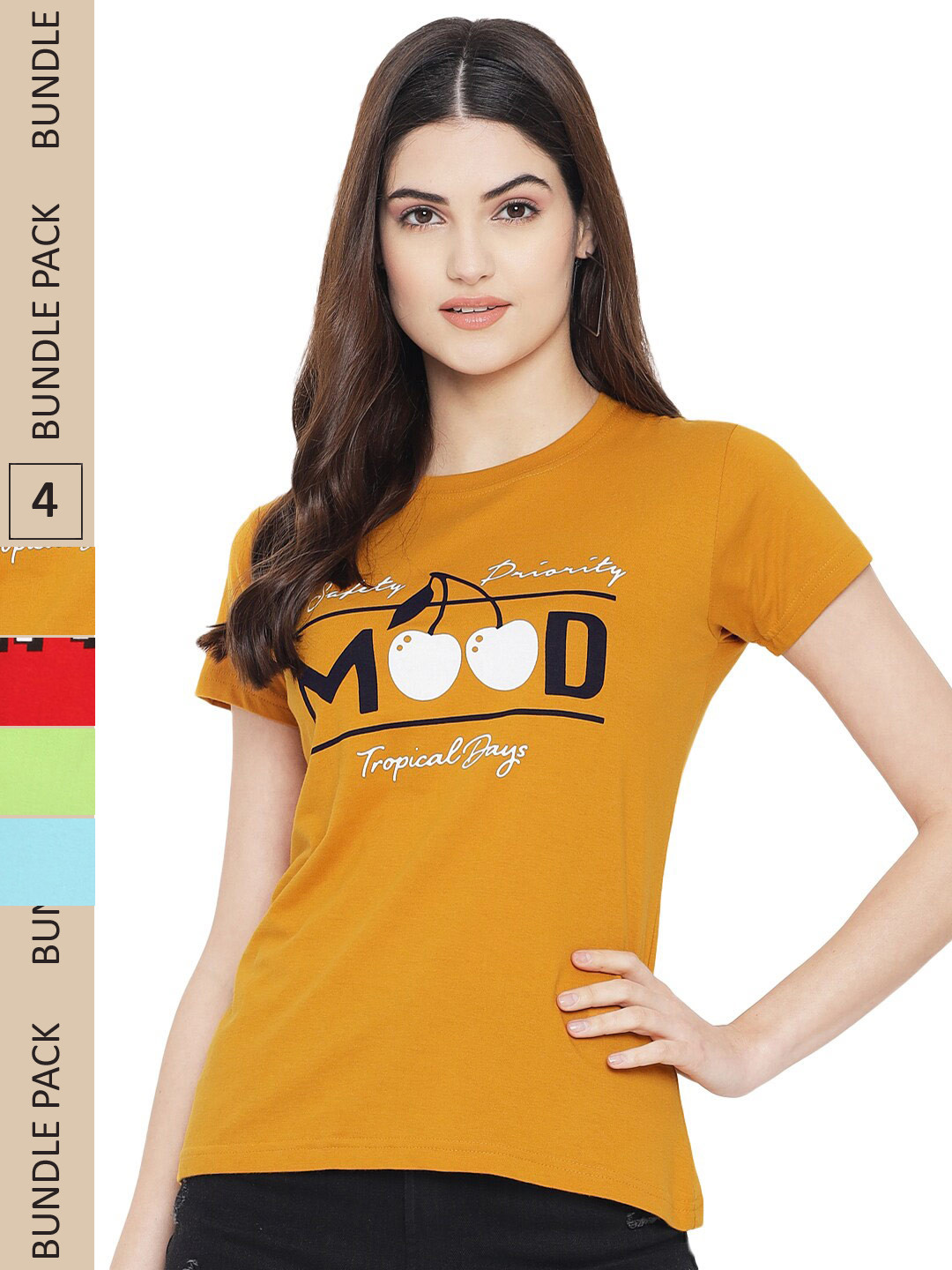 

Fabflee Pack Of 4 Graphic Printed Cotton T-shirts, Mustard