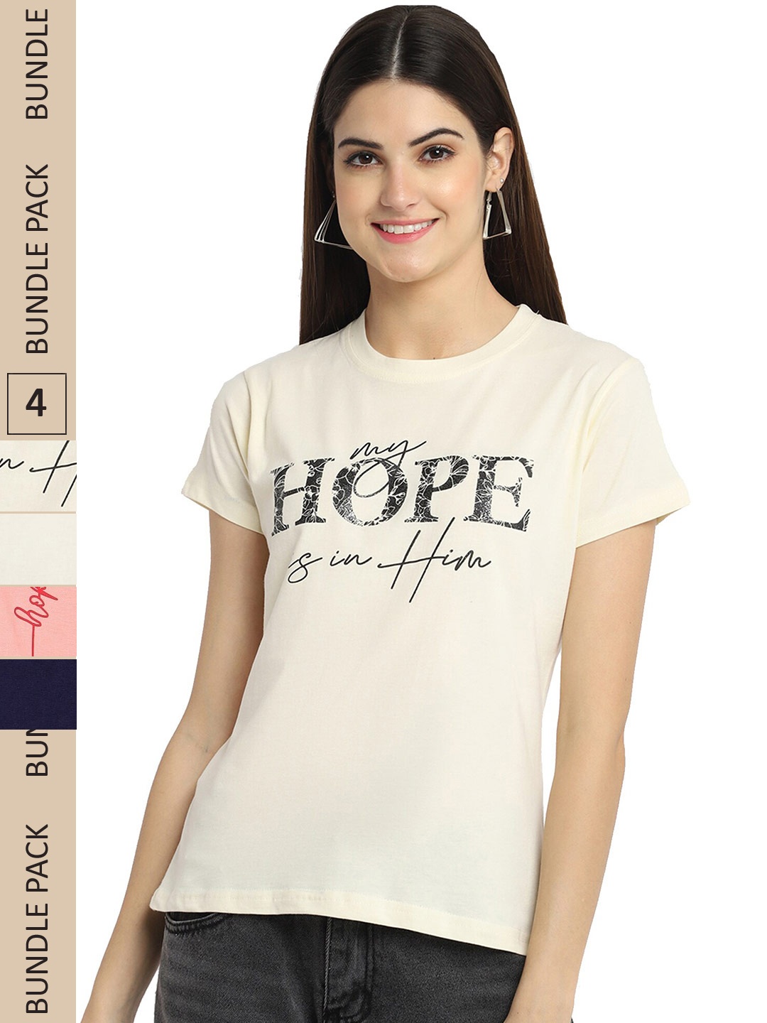 

Fabflee Pack Of 4 Graphic Printed Cotton T-shirts, Off white