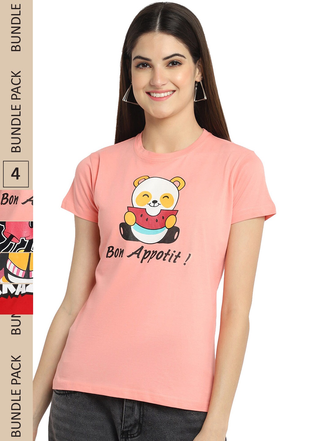 

Fabflee Pack Of 4 Printed Cotton T-shirts, Peach