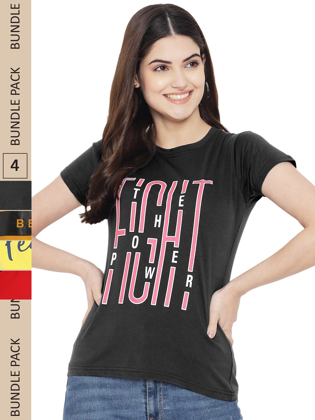 

Fabflee Pack Of 4 Typography Printed Cotton T-shirt, Black