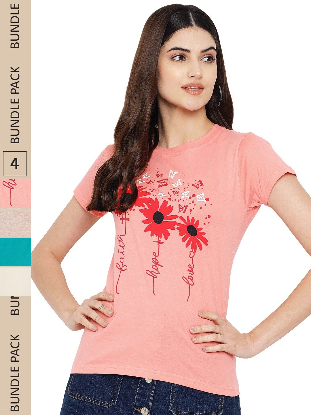 

Fabflee Pack Of 4 Printed Cotton T-shirts, Peach