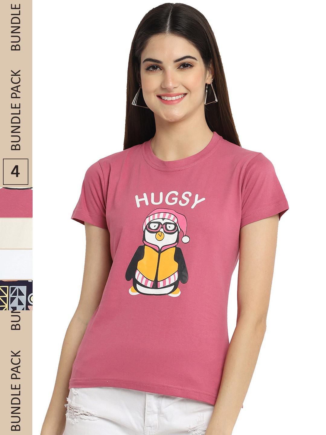 

Fabflee Pack Of 4 Printed Cotton T-shirts, Mauve