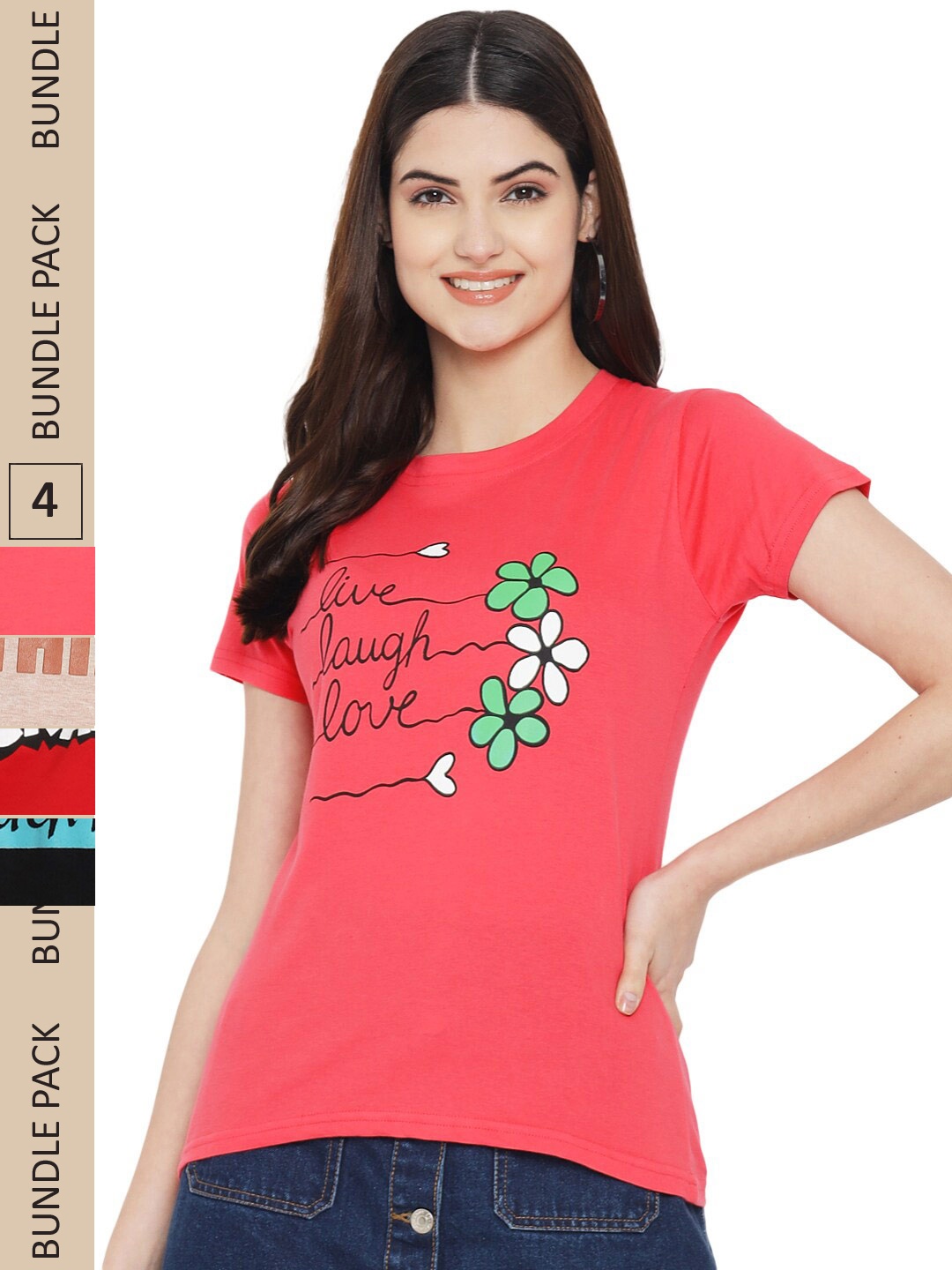 

Fabflee Pack of 4 Graphic Printed Round Neck Cotton T-shirt, Coral