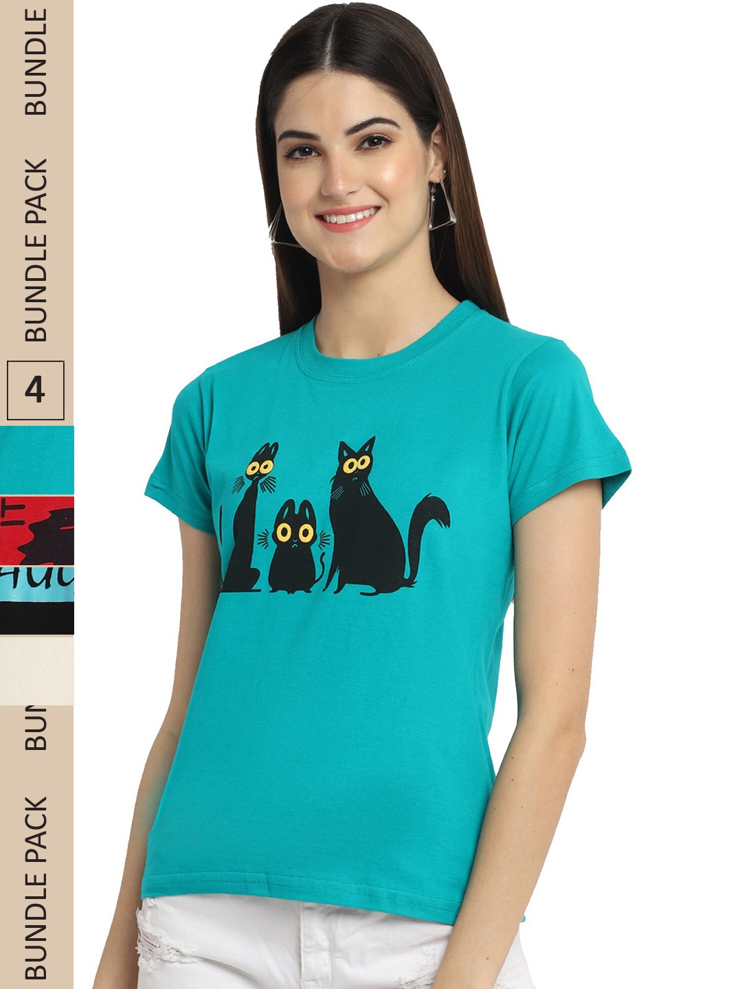 

Fabflee Pack Of 4 Printed Cotton T-shirts, Teal