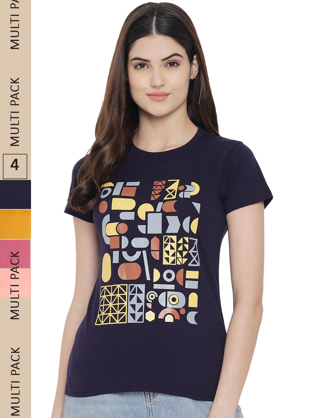 

Fabflee Pack Of 4 Printed Cotton T-shirts, Navy blue